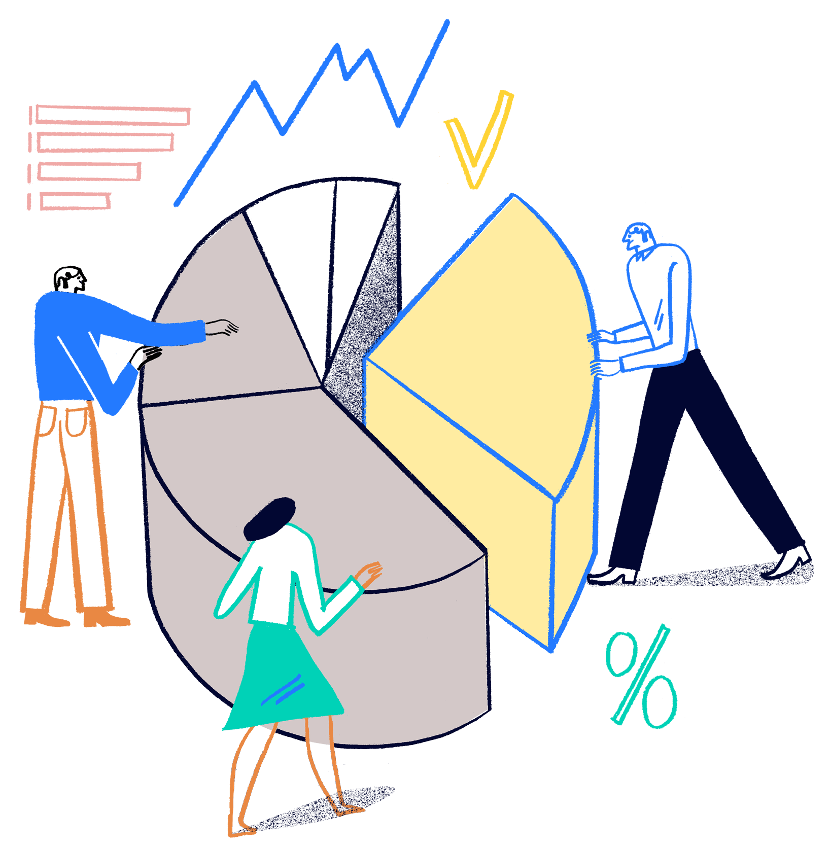 Illustration of 3 people taking pieces of a pie chart, surrounded by data